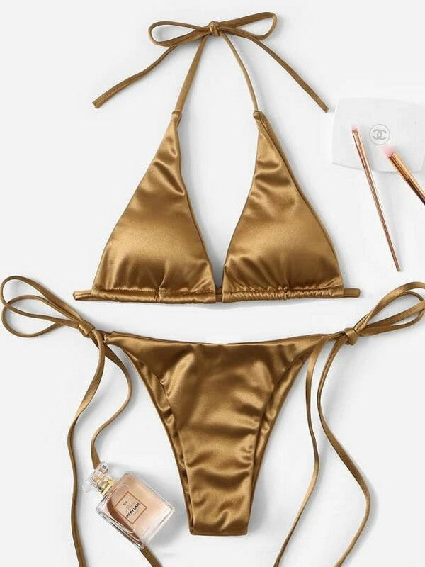 "LuxeLace Satin Seduction: Two-Piece Bikini Set